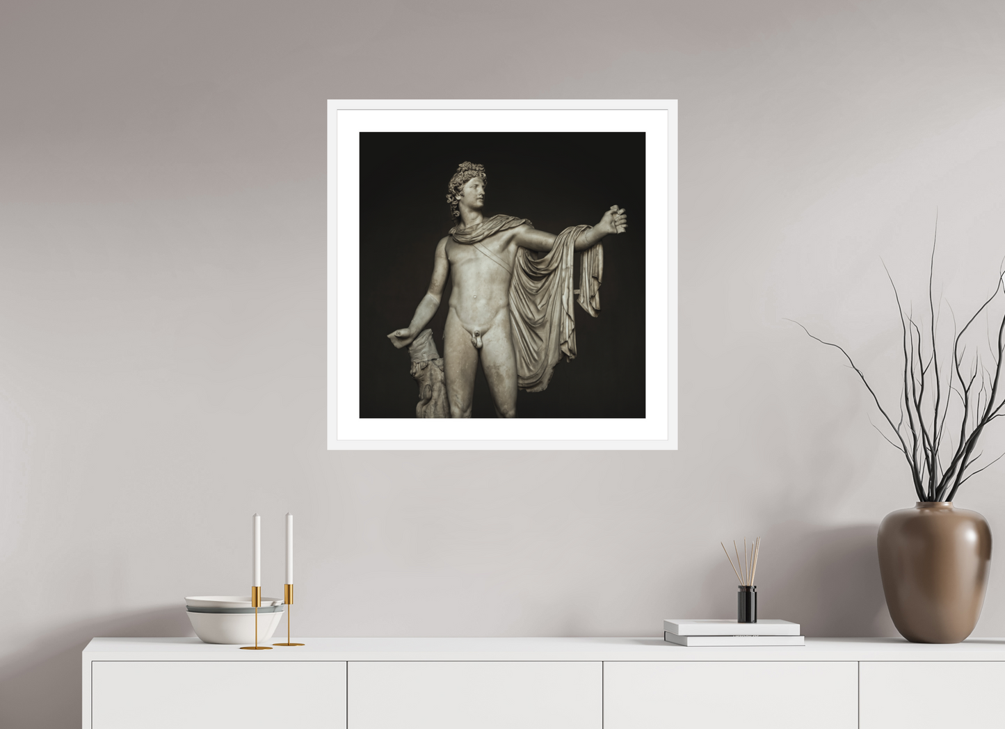 25 x 25″, Solid 0.8" White Wood Frame With 2" Natural White Passe-Partout with Museum Glass Apollo