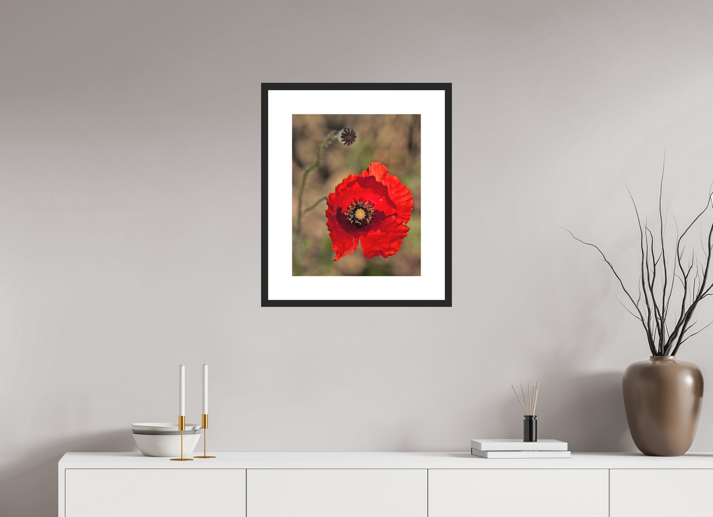 16 x 20″, Solid 0.8" Black Wood Frame With 3" Natural White Passe-Partout with Museum Glass Poppy