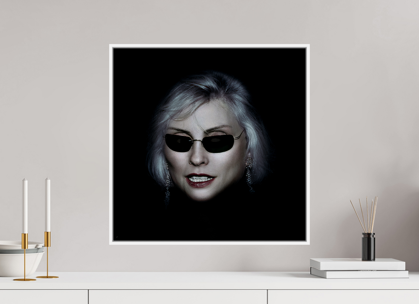 20 x 20″, White Matte Frame, No Border Debbie Harry Wearing Glasses