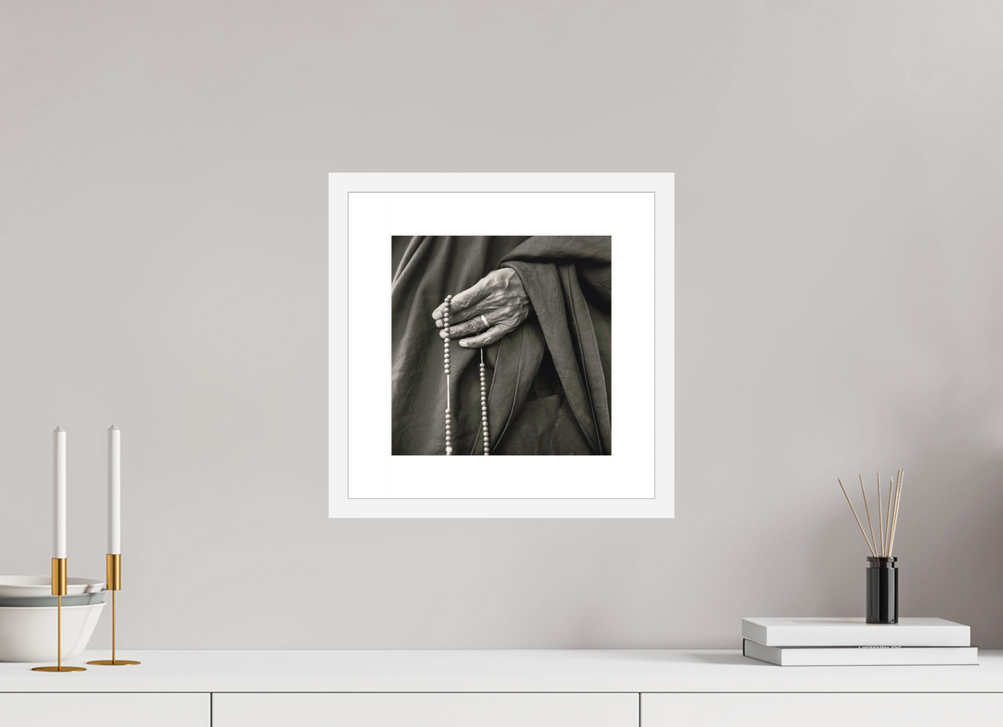 10 x 10″, Solid 0.8" White Wood Frame With 2" Natural White Passe-Partout with Museum Glass Tibetan Monk Hand with Prayer Beads, Tibet