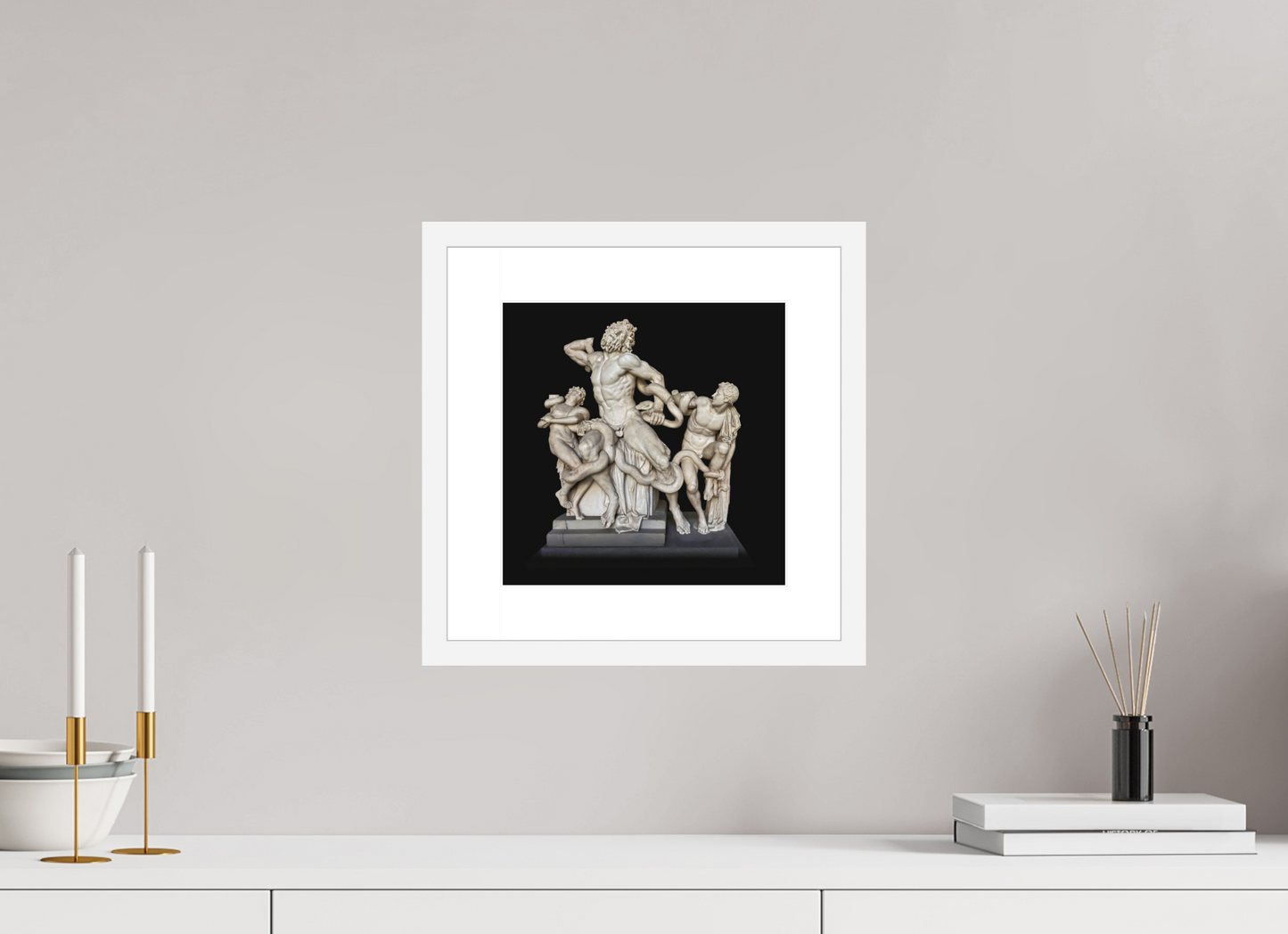 10 x 10″, Solid 0.8" White Wood Frame With 2" Natural White Passe-Partout with Museum Glass Laocoön and his Sons Roman Sculpture