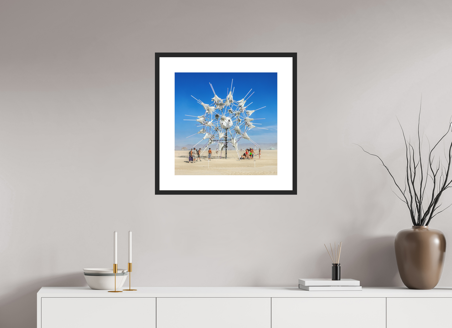 20 x 20″, Solid 0.8" Black Wood Frame With 3" Natural White Passe-Partout with Museum Glass Burning Man - Gathering at Radia Lumia (square format)