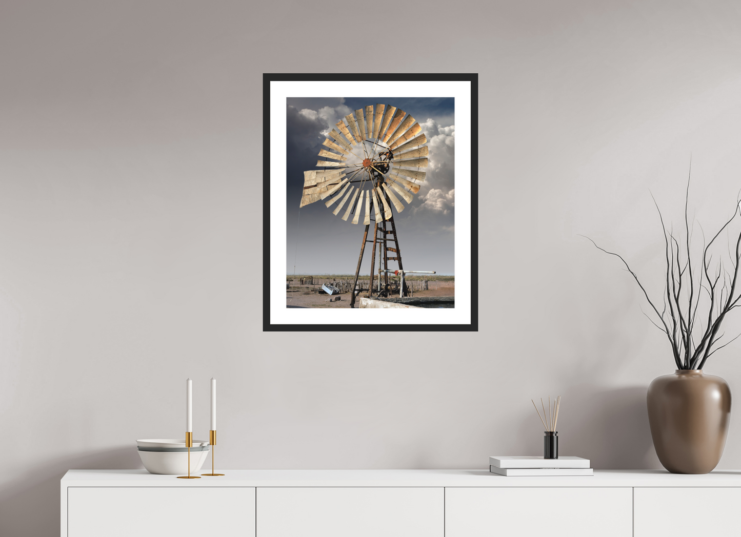 20 x 25″, Solid 0.8" Black Wood Frame With 2" Natural White Passe-Partout with Museum Glass Water Wheel