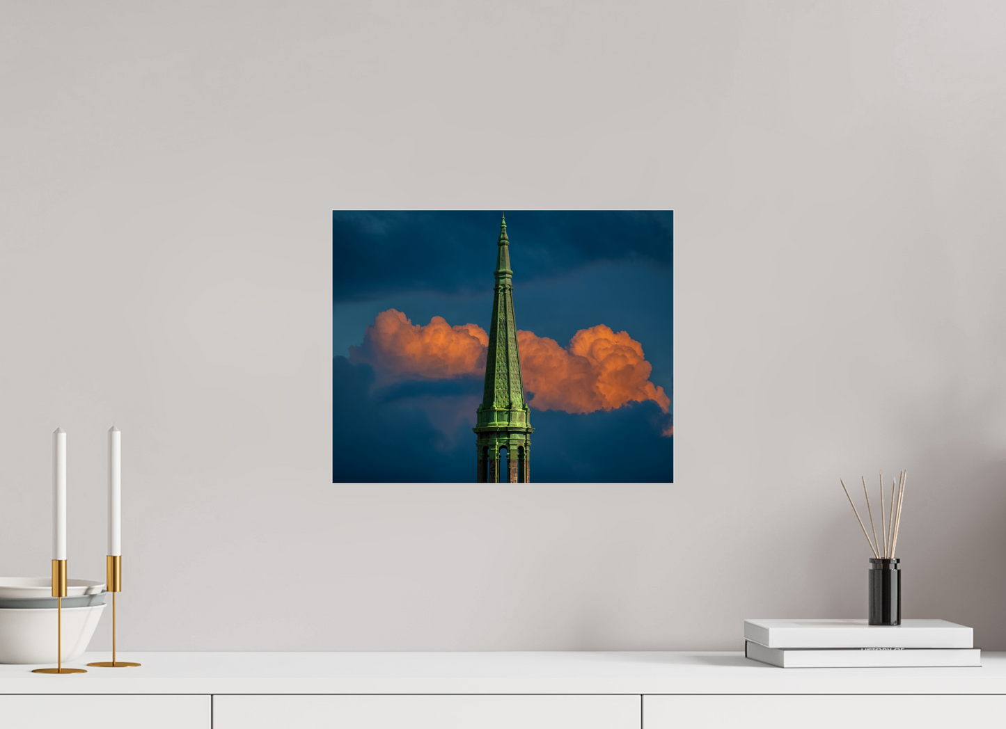 15 x 12″, Frameless Acrylic Glass Orange Clouds and Green Tower
