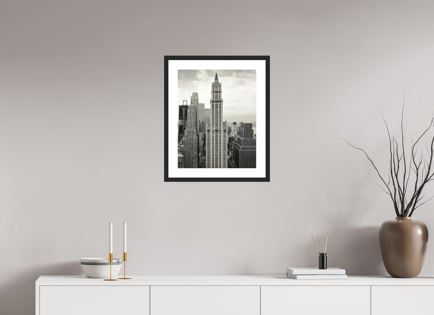 16 x 20″, Solid 0.8" Black Wood Frame With 2" Natural White Passe-Partout with Museum Glass The Woolworth Building