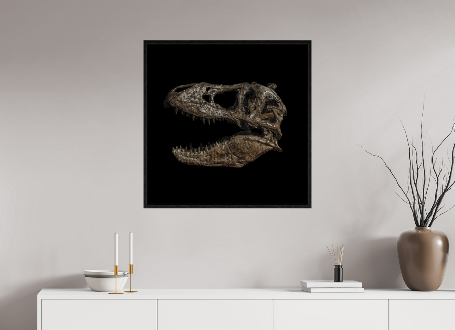 30 x 30″, Floater Frame T-Rex Skull