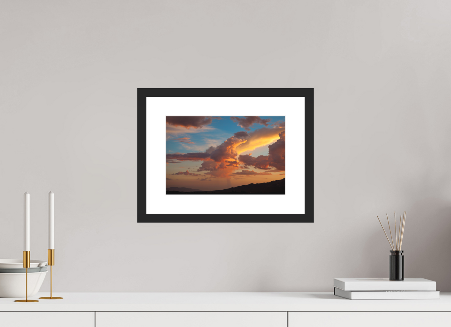 12 x 8″, Solid 0.8" Black Wood Frame With 2" Natural White Passe-Partout with Museum Glass Sunset Clouds and Mountains