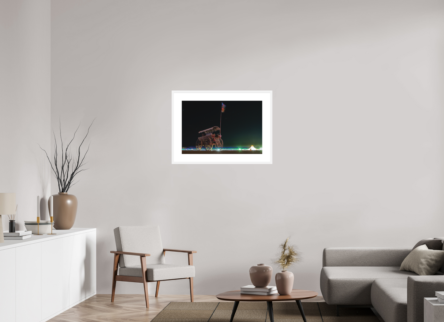 30 x 20″, Solid 0.8" White Wood Frame With 3" Natural White Passe-Partout with Museum Glass Burning Man - Art Car with Flag