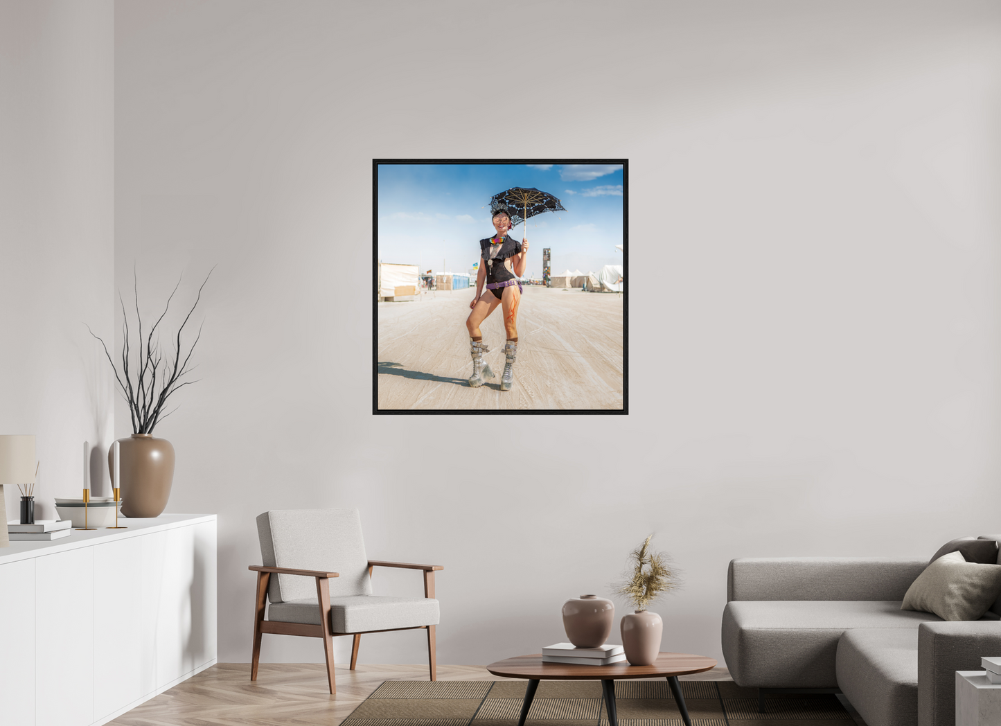 40 x 40″, Floater Frame Burning Man - Attendee with Parasol