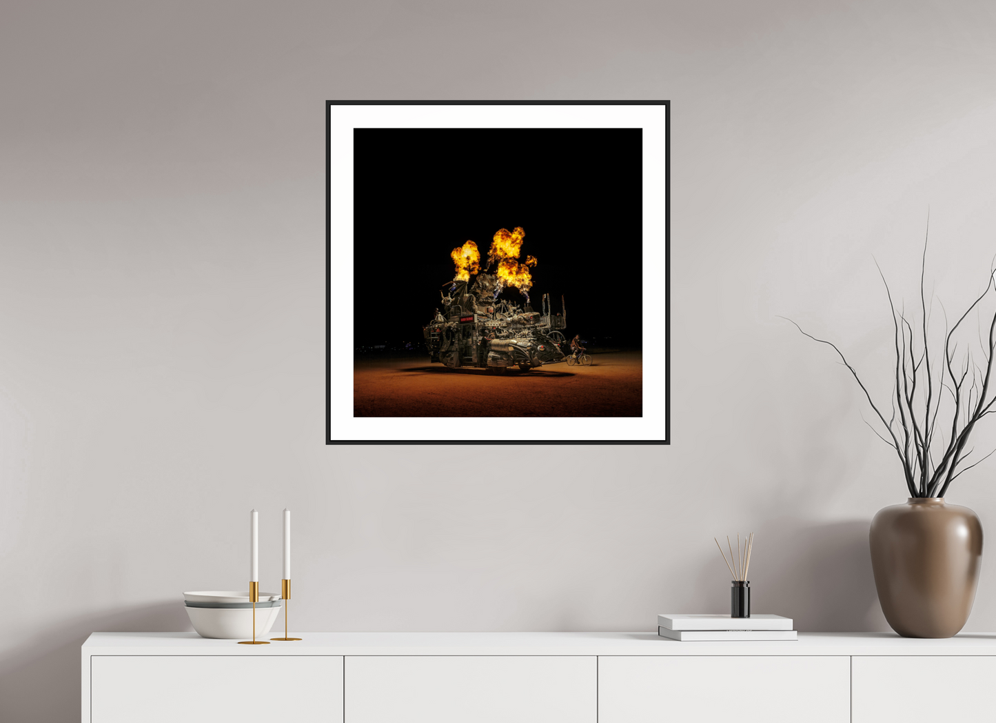 25 x 25″, Black Matte Frame Burning Man - Art Car Rabid Transit