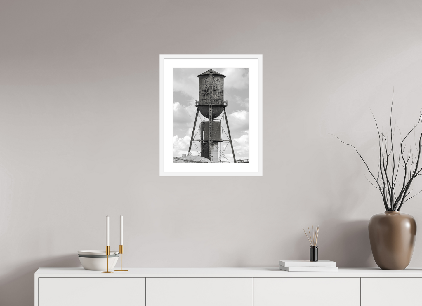 16 x 19.8″, Solid 0.8" White Wood Frame With 2" Natural White Passe-Partout with Museum Glass Green Water Tower