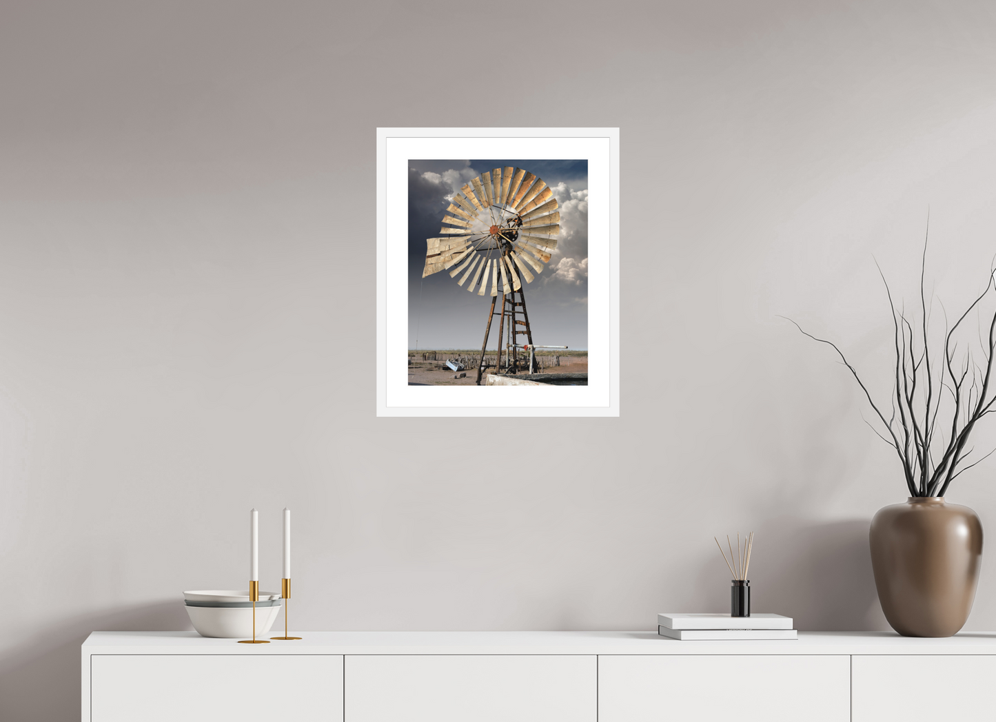 16 x 20″, Solid 0.8" White Wood Frame With 2" Natural White Passe-Partout with Museum Glass Water Wheel