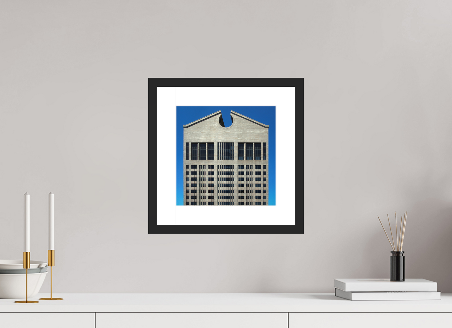 10 x 10″, Solid 0.8" Black Wood Frame With 2" Natural White Passe-Partout with Museum Glass The Chippendale Building
