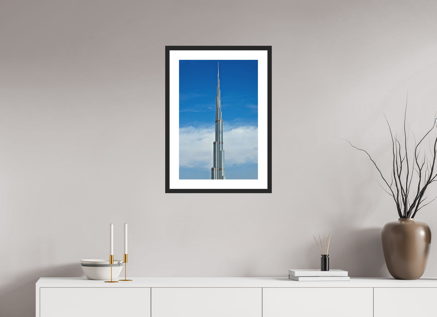 16 x 24″, Solid 0.8" Black Wood Frame With 2" Natural White Passe-Partout with Museum Glass Burj Khalifa Tower, Dubai