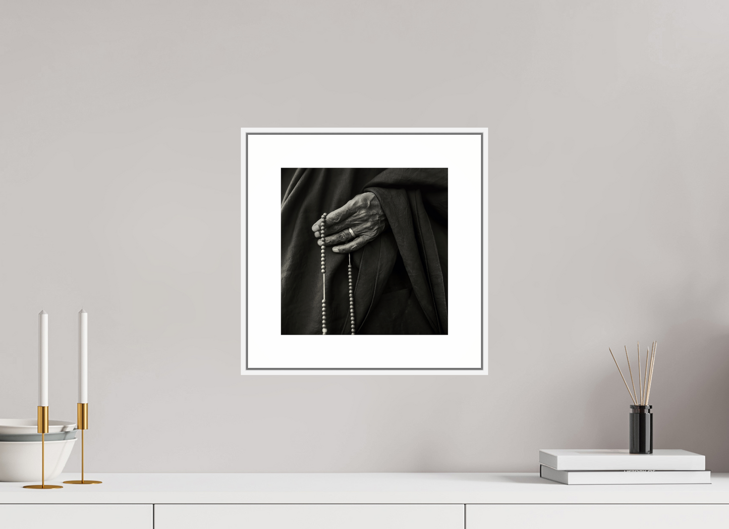 10 x 10″, White Matte Freame Tibetan Monk Hand with Prayer Beads