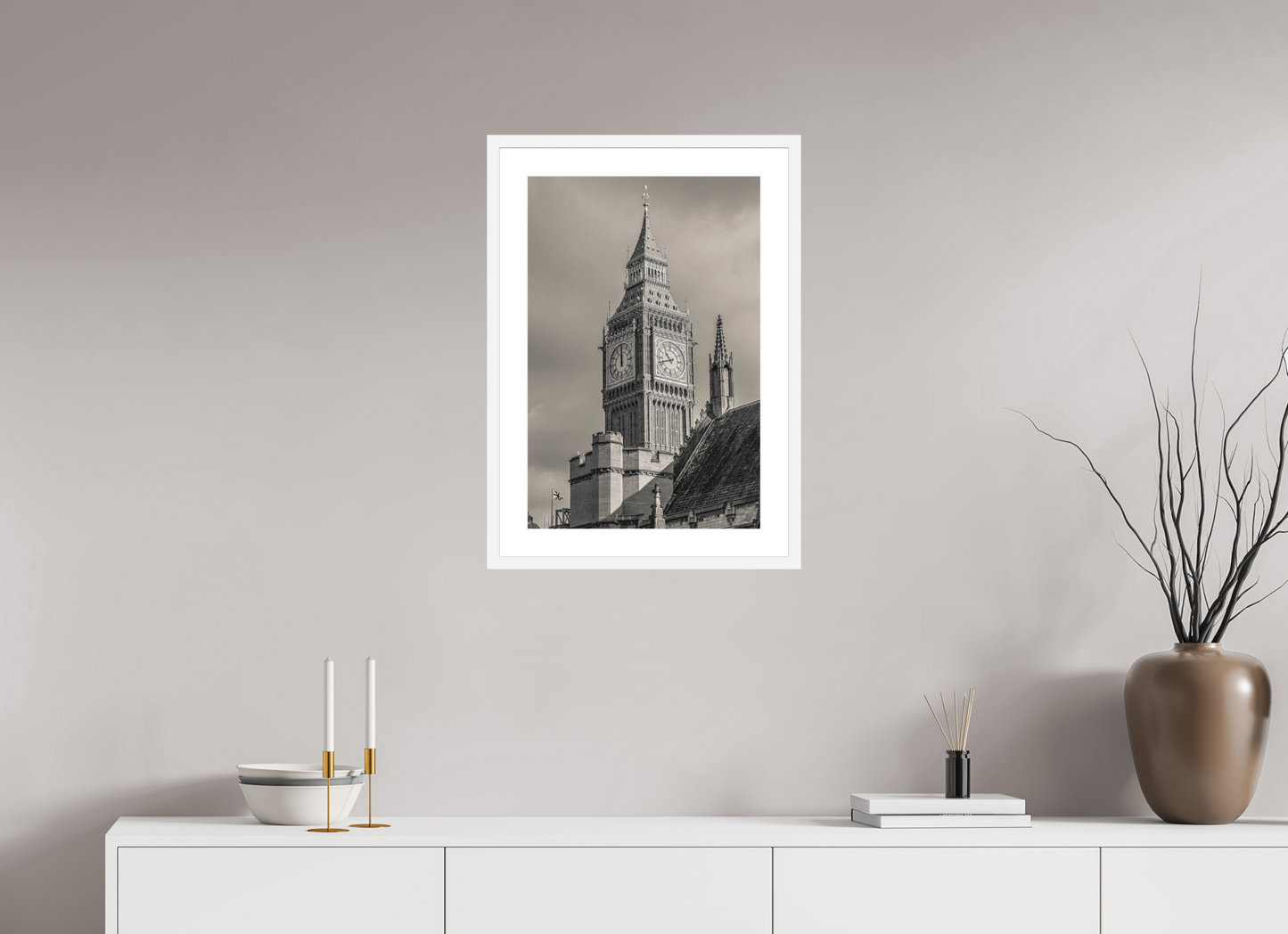 16 x 24″, Solid 0.8" White Wood Frame With 2" Natural White Passe-Partout with Museum Glass Big Ben