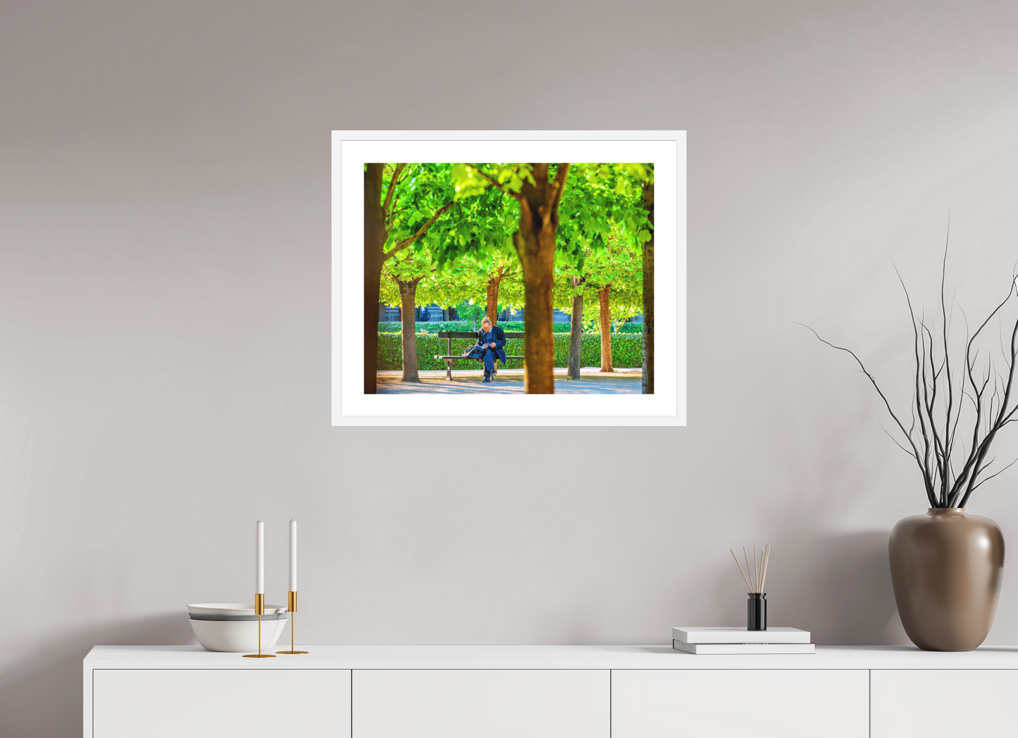 25 x 20″, Solid 0.8" White Wood Frame With 2" Natural White Passe-Partout with Museum Glass Man Reading in Palais-Royal Garden