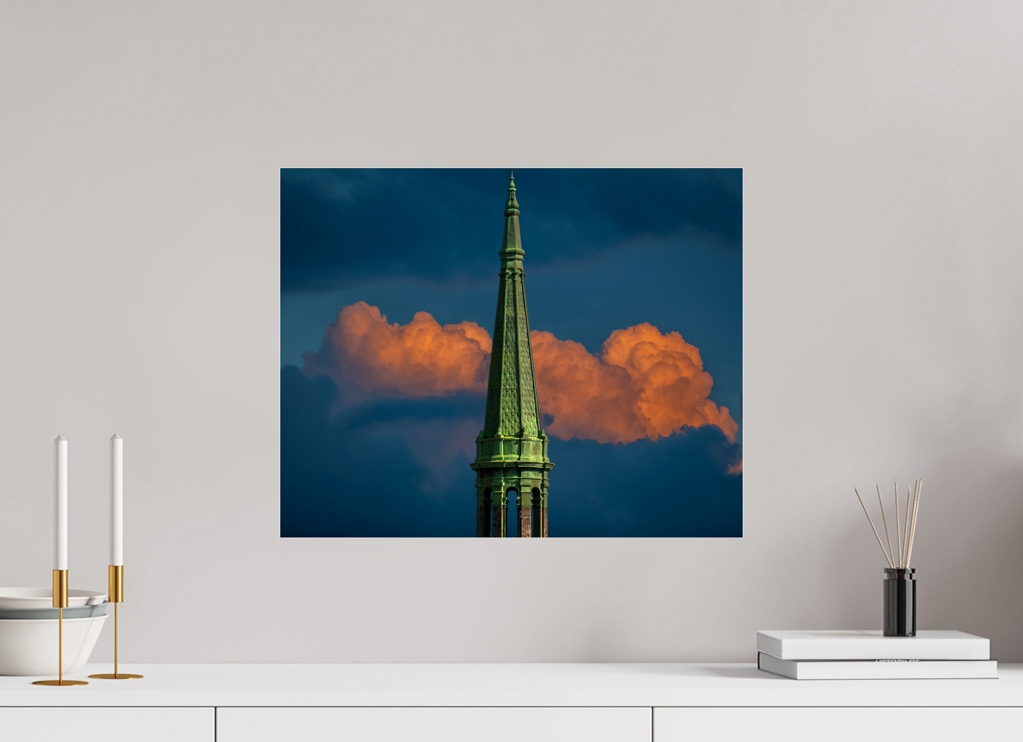 20 x 16″, Frameless Acrylic Glass Orange Clouds and Green Tower