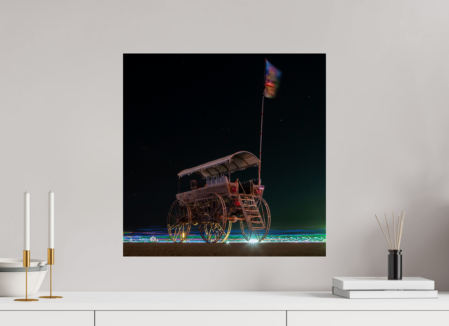 20 x 20″, Frameless Acrylic Glass Burning Man - Art Car with Flag
