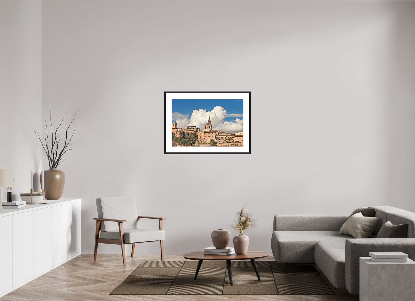 36 x 24″, Solid 0.8" Black Wood Frame With 3" Natural White Passe-Partout with Museum Glass Town of Spello Umbria