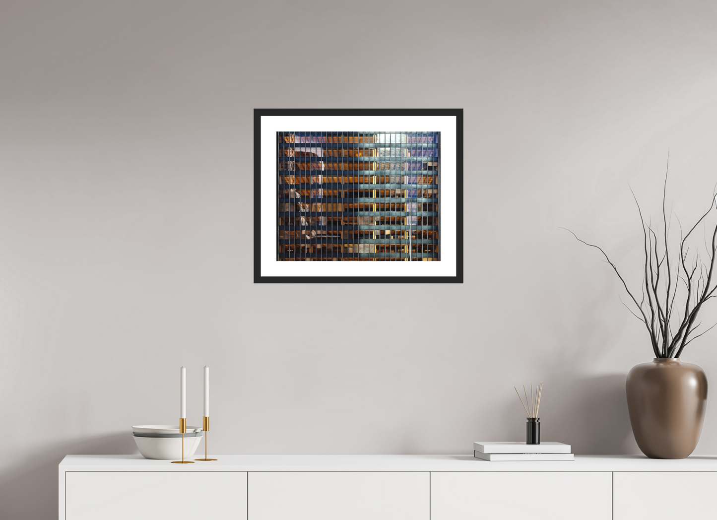 20.2 x 16″, Solid 0.8" Black Wood Frame With 2" Natural White Passe-Partout with Museum Glass Seagram Building