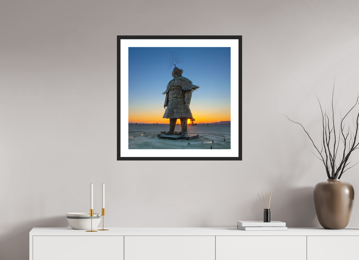 25 x 25″, Solid 0.8" Black Wood Frame With 2" Natural White Passe-Partout with Museum Glass Burning Man - The Samurai at Dawn (square format)