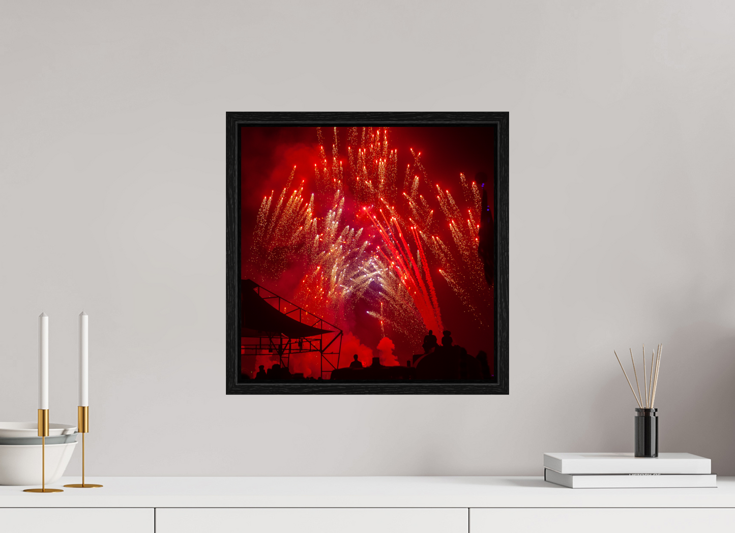 15 x 15″, Floater Frame Burning Man - Red Fireworks