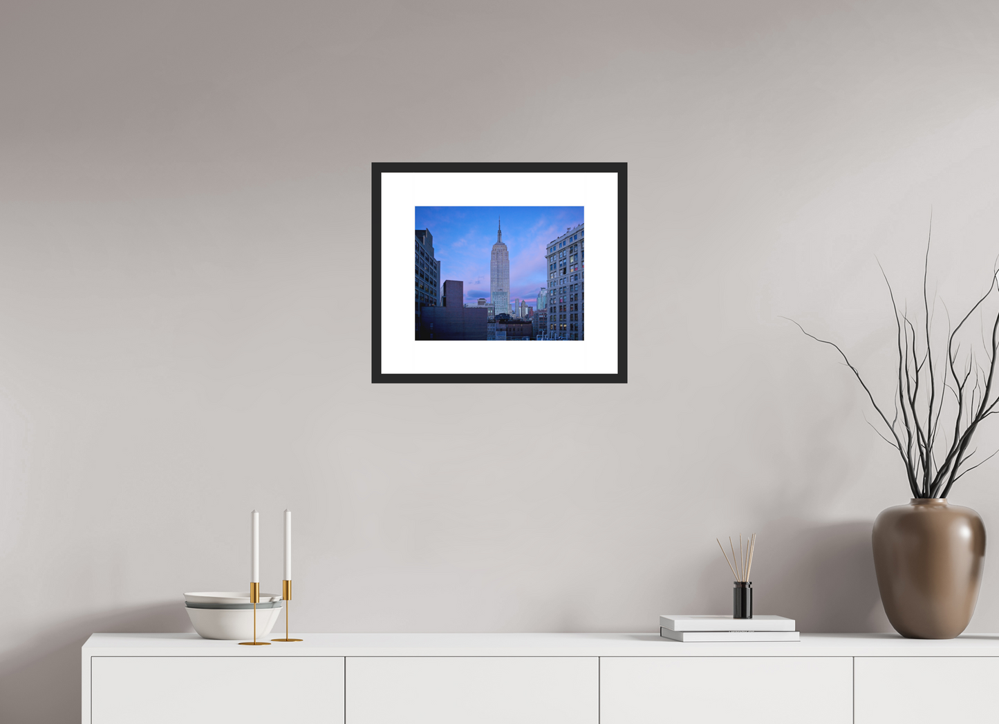 15 x 12″, Solid 0.8" Black Wood Frame With 3" Natural White Passe-Partout with Museum Glass The Empire State Building at Dusk