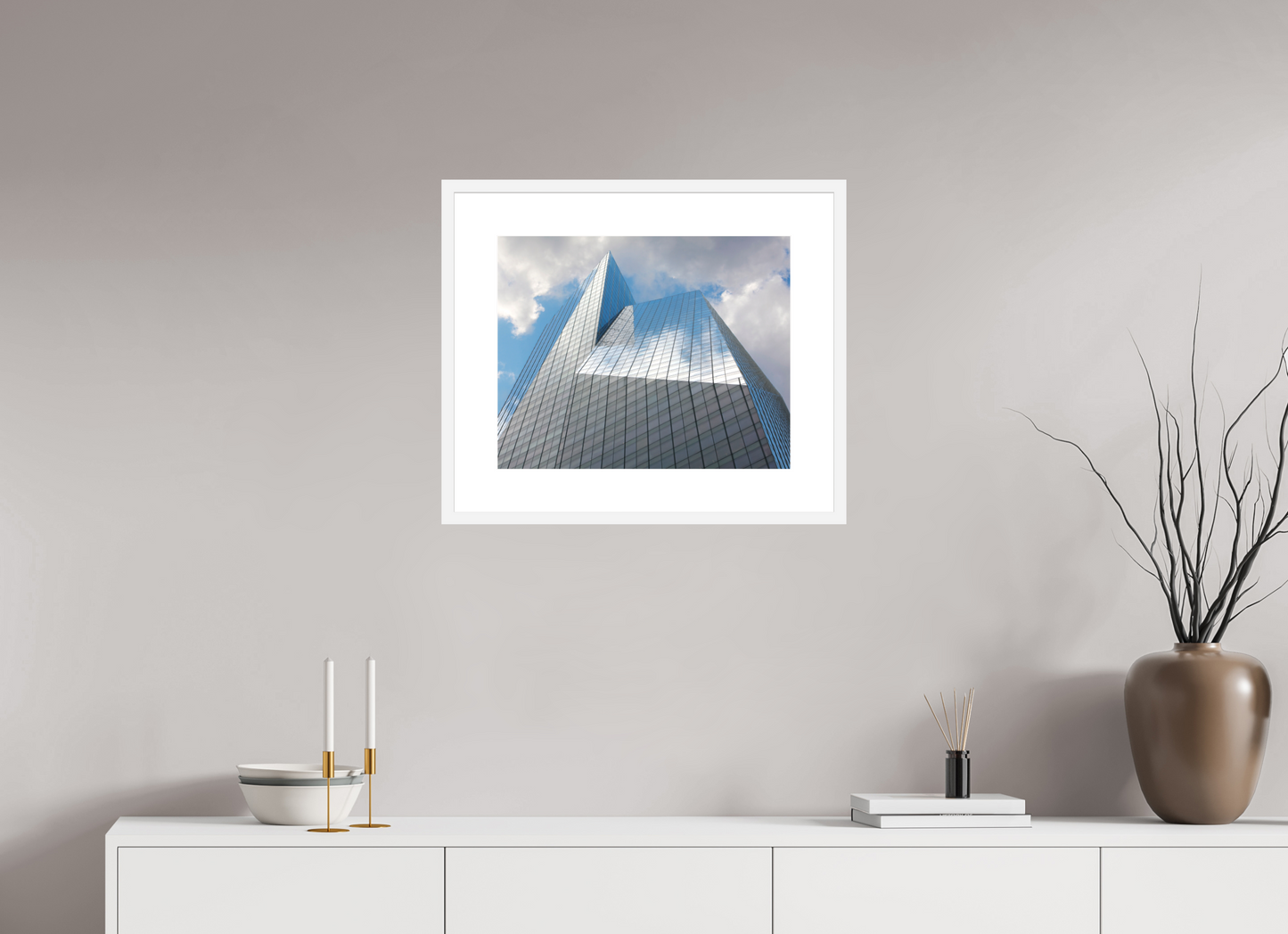 20 x 16″, Solid 0.8" White Wood Frame With 3" Natural White Passe-Partout with Museum Glass Bank of America Tower