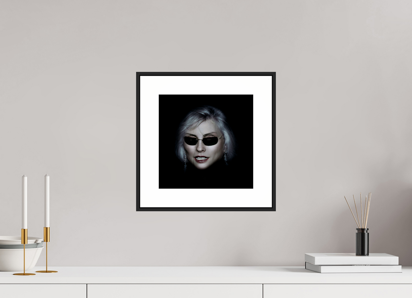10 x 10″, Black Matte Frame Debbie Harry Wearing Glasses