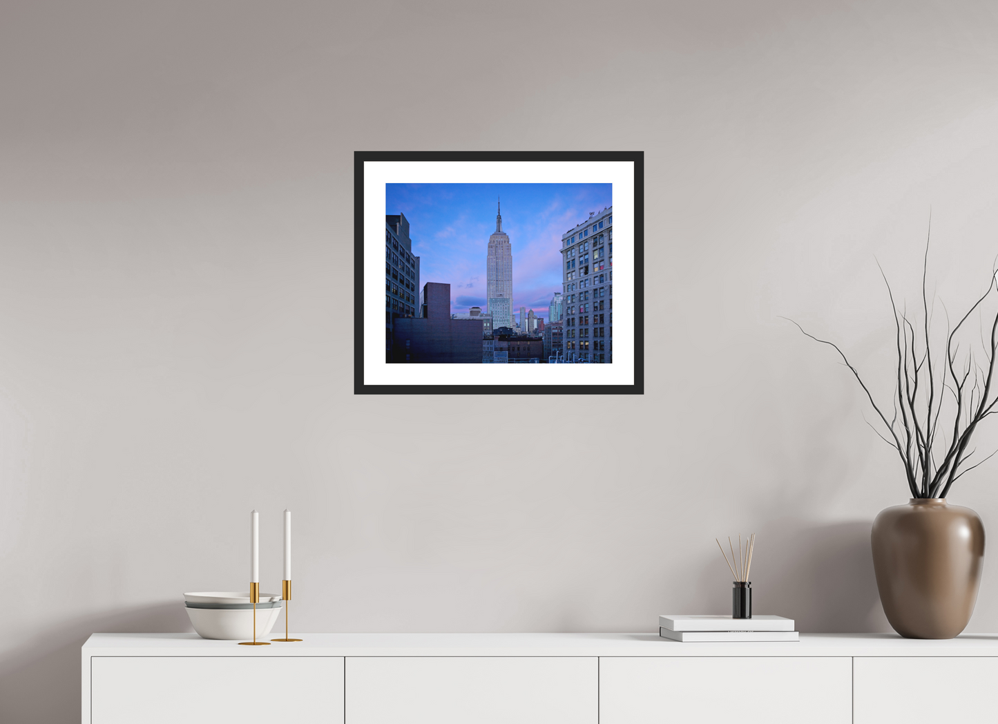 20 x 16″, Solid 0.8" Black Wood Frame With 2" Natural White Passe-Partout with Museum Glass The Empire State Building at Dusk