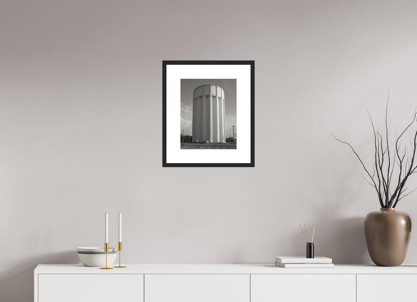 12 x 15″, Solid 0.8" Black Wood Frame With 3" Natural White Passe-Partout with Museum Glass Ribbed Water Tower Kansas