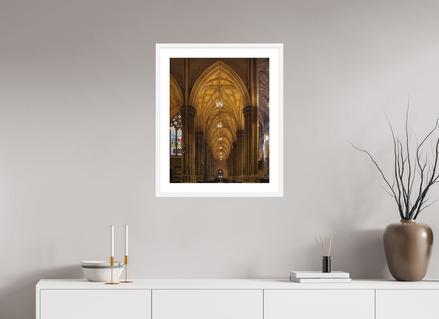 20 x 25″, Solid 0.8" White Wood Frame With 2" Natural White Passe-Partout with Museum Glass Gothic Archway, St. Patrick's Cathedral