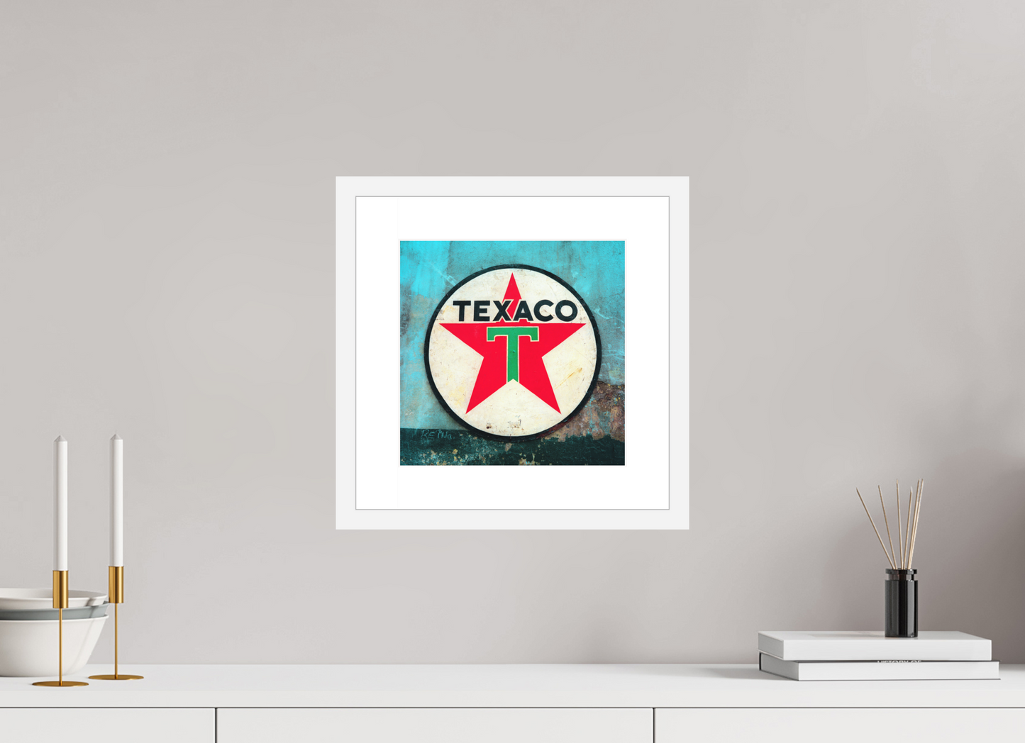 10 x 10″, Solid 0.8" White Wood Frame With 2" Natural White Passe-Partout with Museum Glass Texaco Sign Cuba