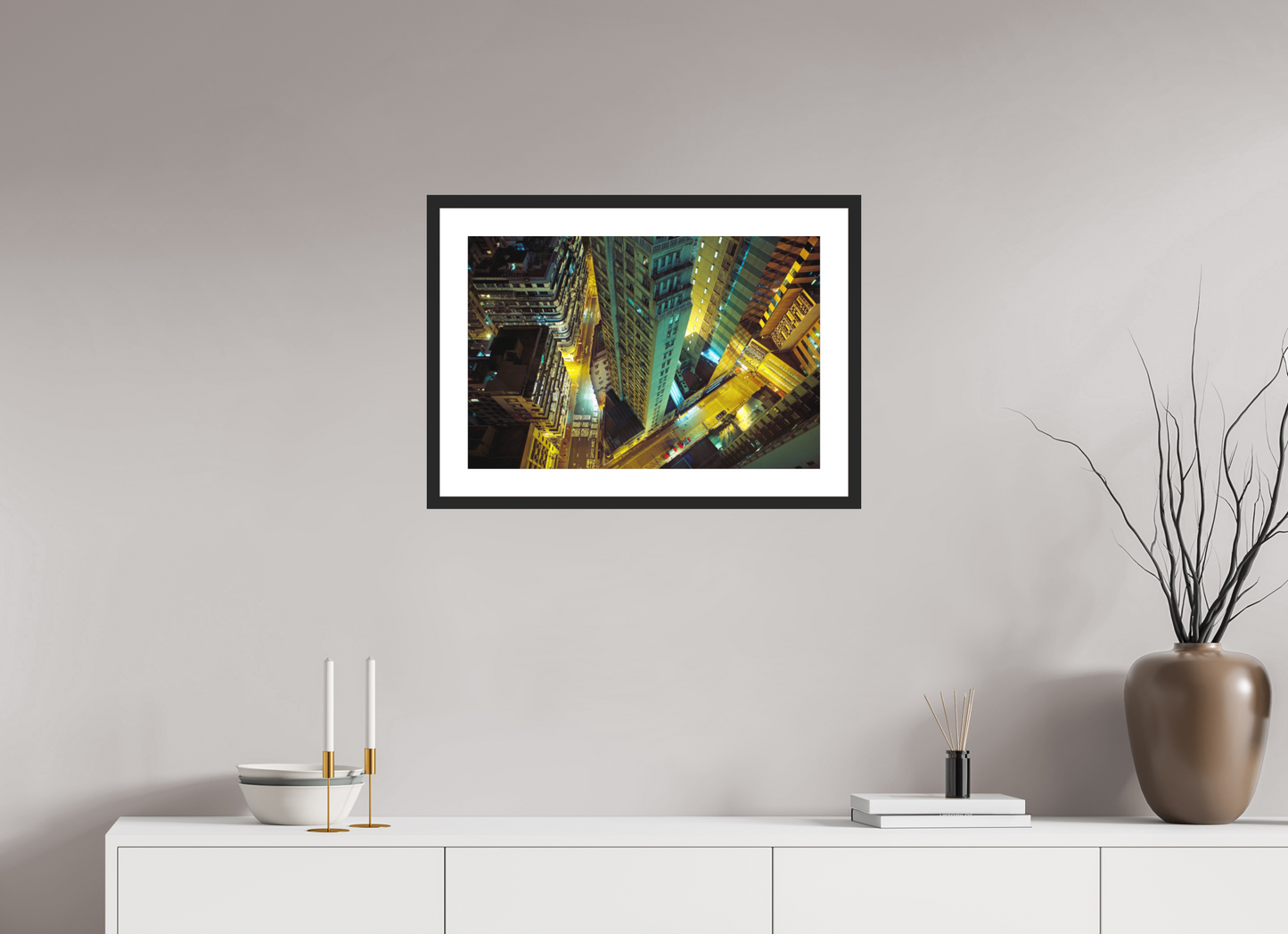 24 x 16″, Solid 0.8" Black Wood Frame With 2" Natural White Passe-Partout with Museum Glass Downtown Hong Kong