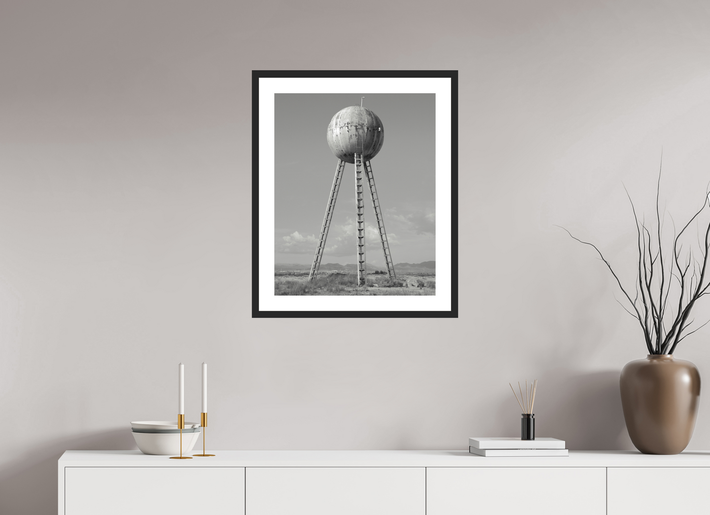 20 x 25″, Solid 0.8" Black Wood Frame With 2" Natural White Passe-Partout with Museum Glass Spherical Water Tower