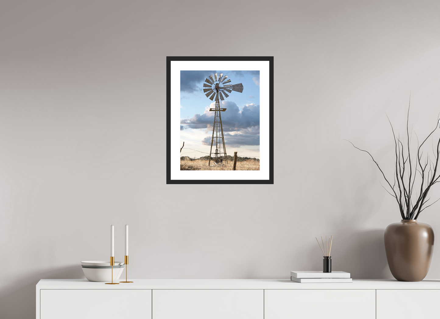 16 x 20″, Solid 0.8" Black Wood Frame With 2" Natural White Passe-Partout with Museum Glass Water Wheel - Cold Springs, CO