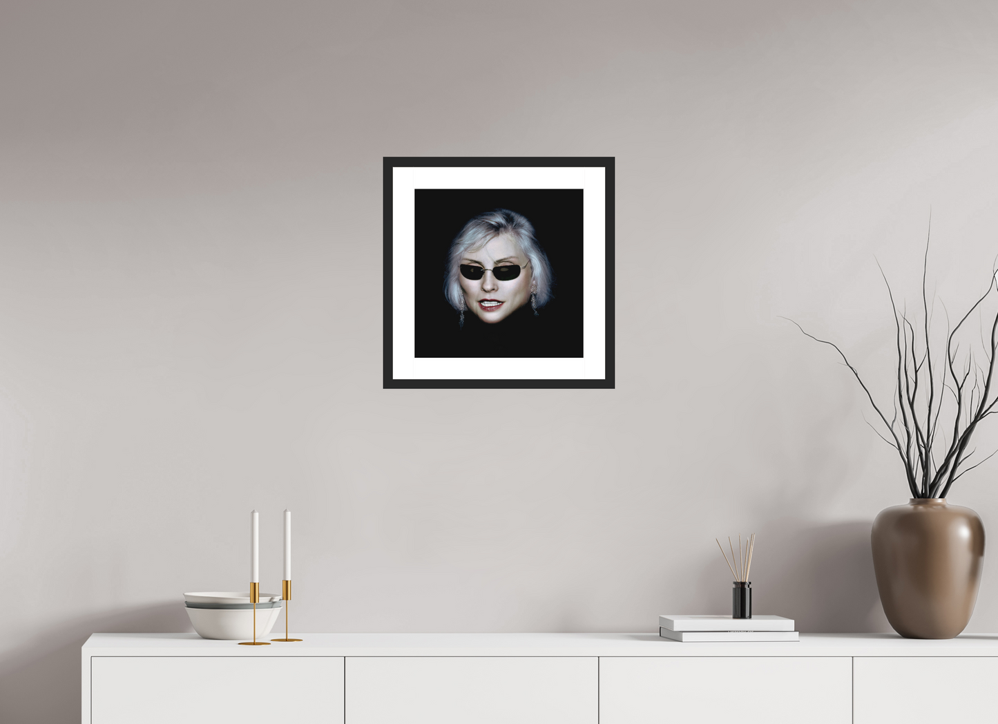 15 x 15″, Solid 0.8" Black Wood Frame With 2" Natural White Passe-Partout with Museum Glass Debbie Harry Wearing Glasses