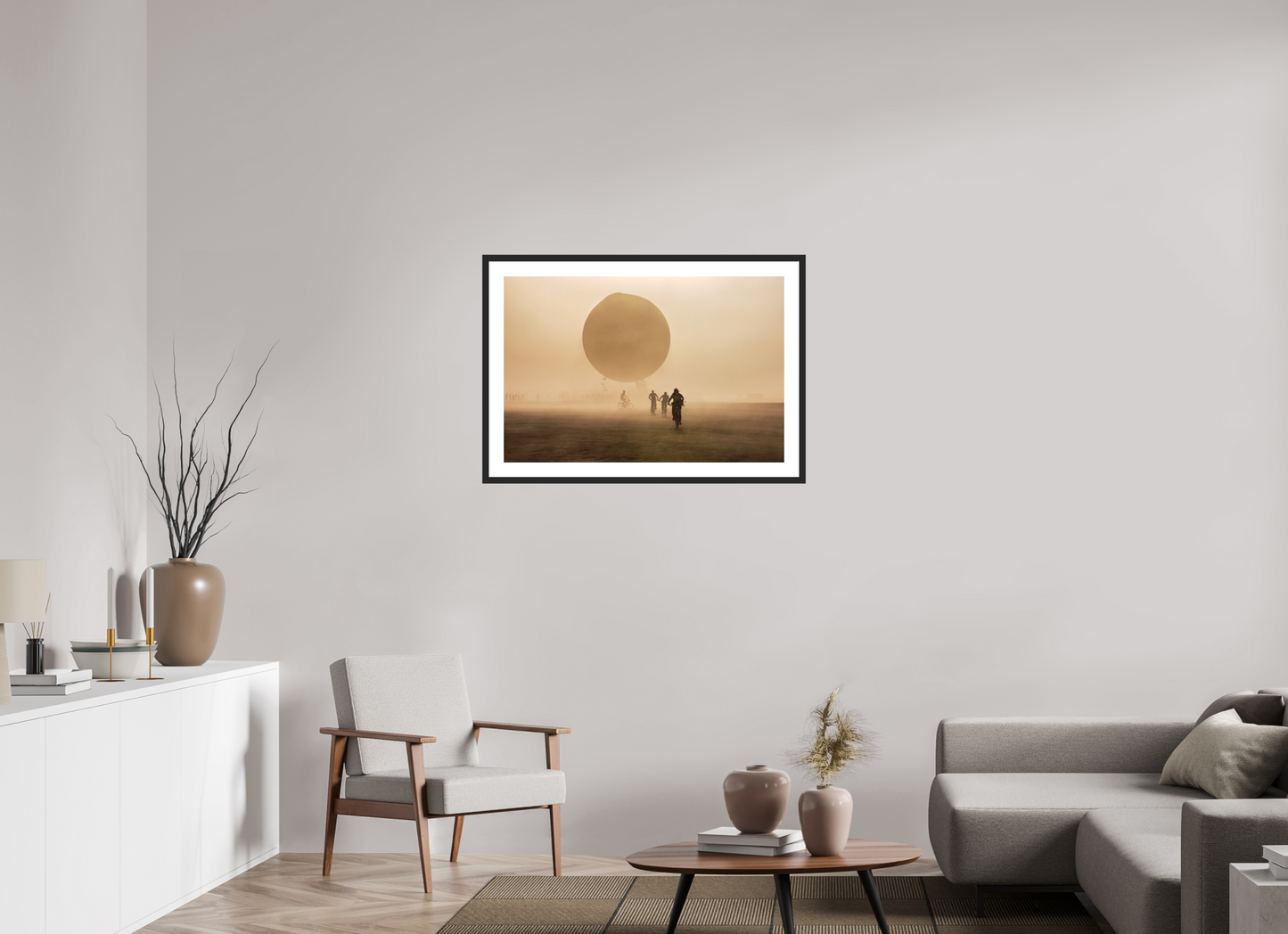 36 x 24″, Solid 0.8" Black Wood Frame With 2" Natural White Passe-Partout with Museum Glass Burning Man - Weather Balloon and Bikers
