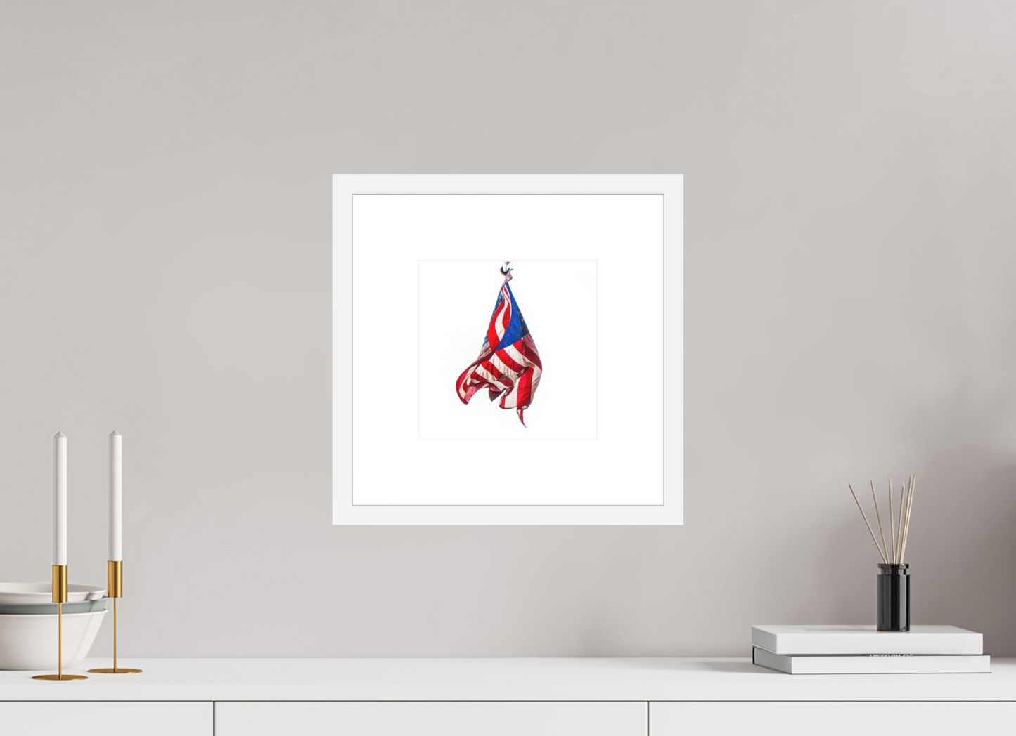 8 x 8″, Solid 0.8" White Wood Frame With 3" Natural White Passe-Partout with Museum Glass Crumpled USA Flag