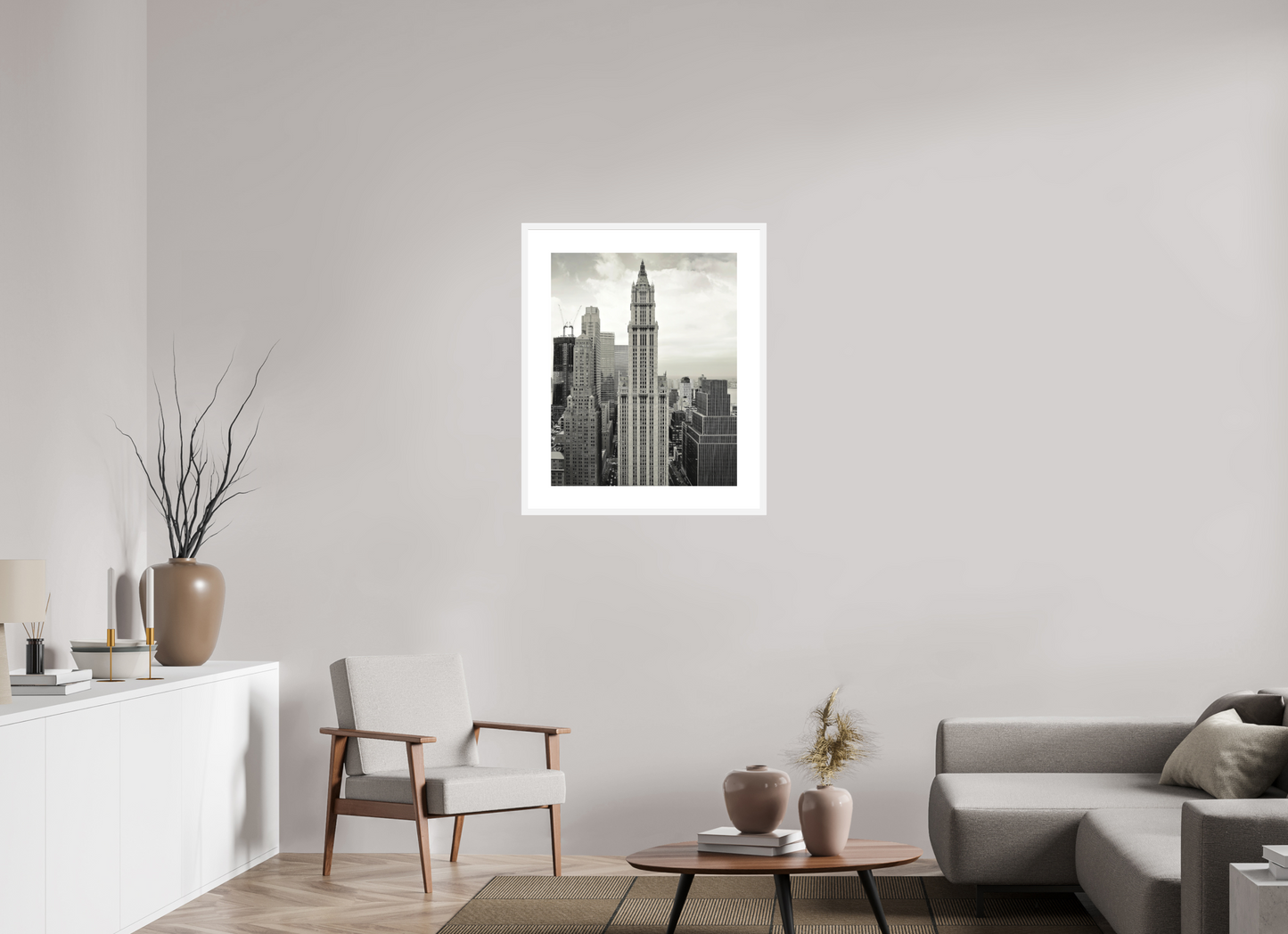 24 x 30″, Solid 0.8" White Wood Frame With 3" Natural White Passe-Partout with Museum Glass The Woolworth Building