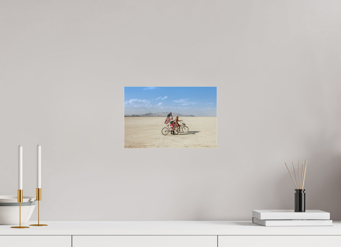 12 x 8″, Frameless Acrylic Glass Burning Man - Two with Bikes and USA Flag
