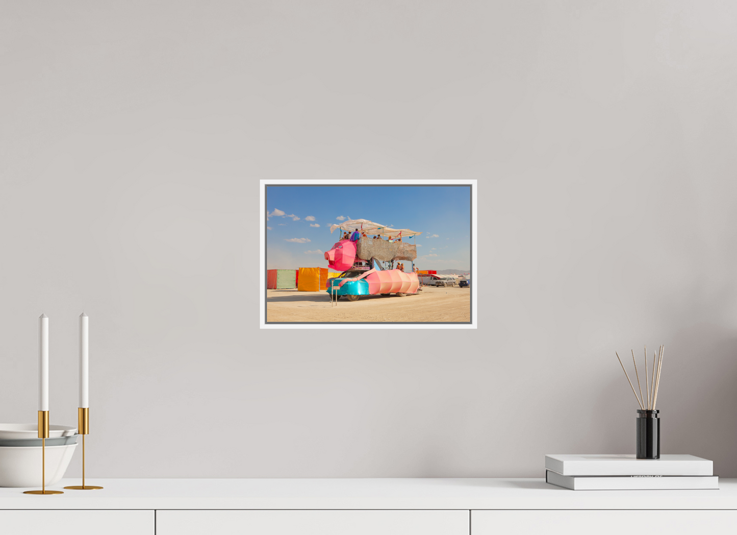 12 x 8″, White Matte Frame, No Border Burning Man - Art Car Ponco