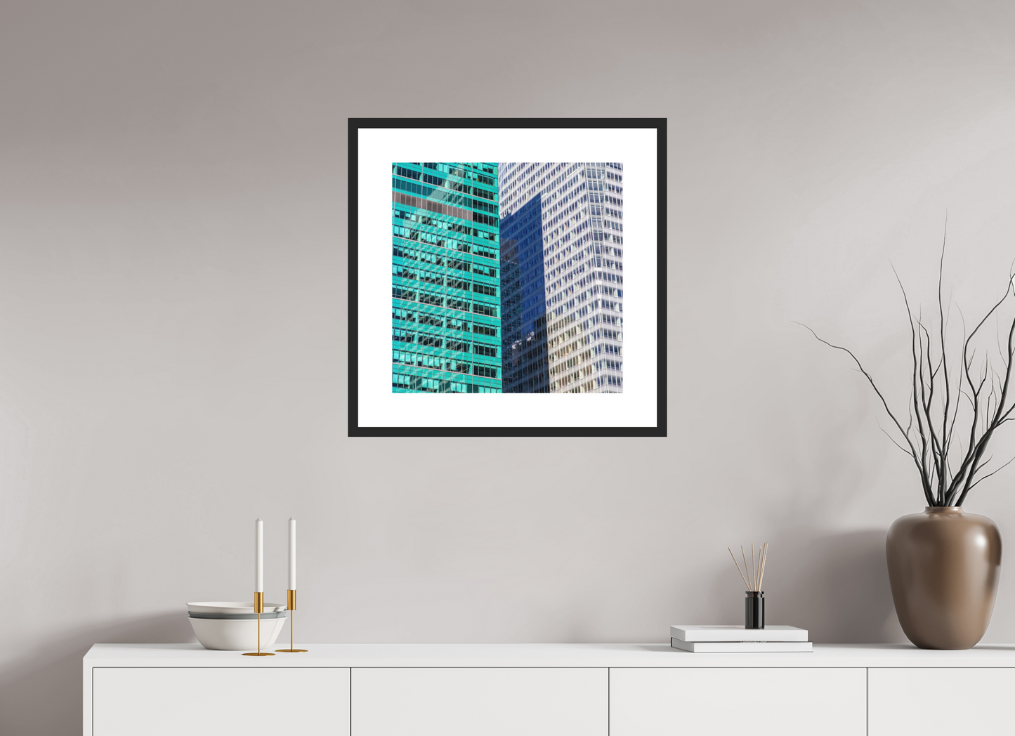 20 x 20″, Solid 0.8" Black Wood Frame With 3" Natural White Passe-Partout with Museum Glass Green and White Office Buildings