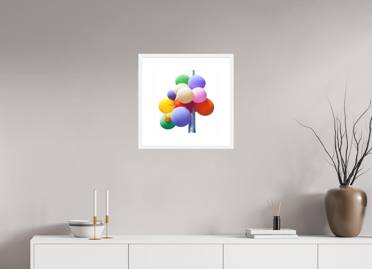 15 x 15″, Solid 0.8" White Wood Frame With 3" Natural White Passe-Partout with Museum Glass Colorful Ballons Tied to a Lamp Post