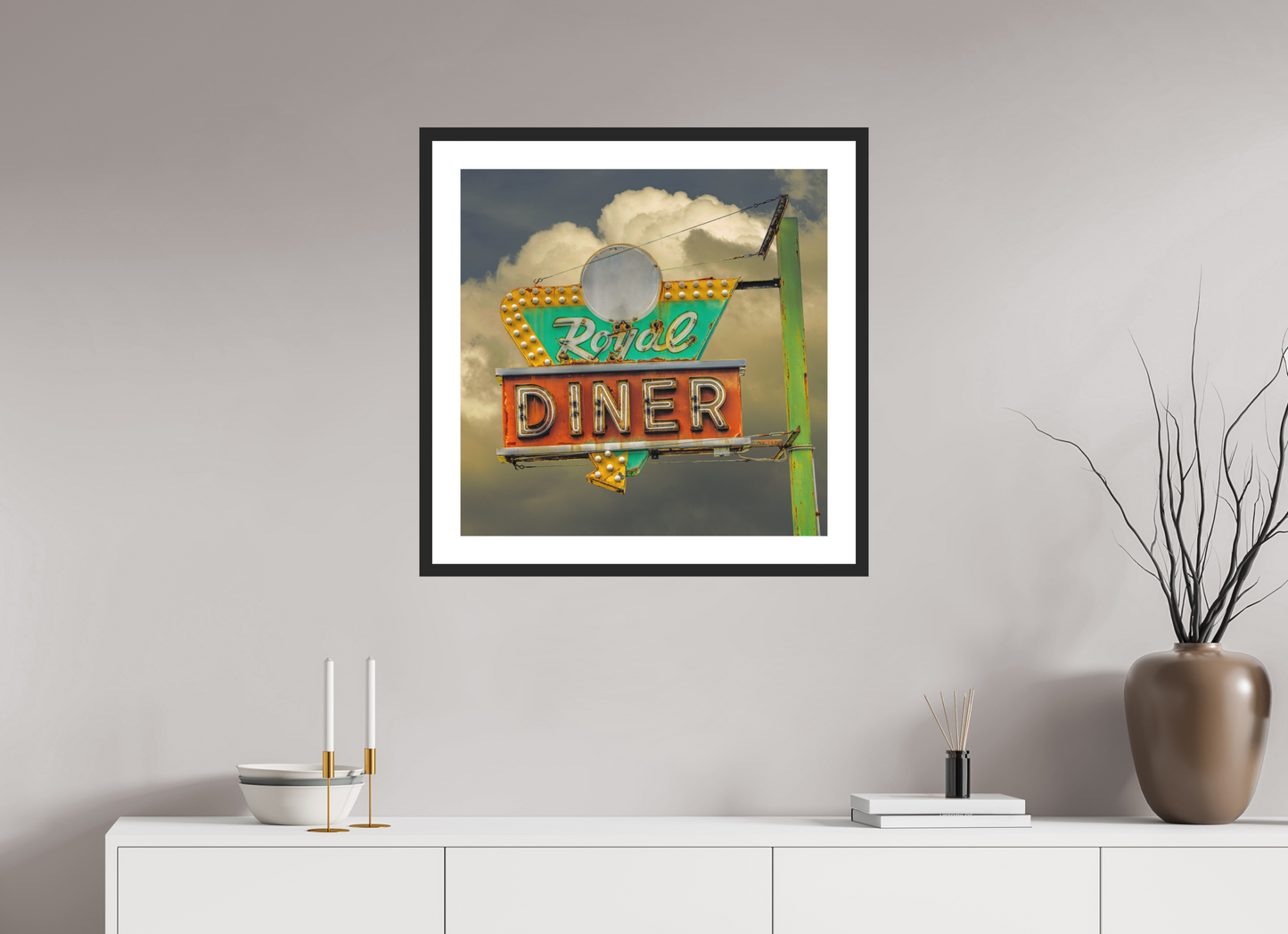 25 x 25″, Solid 0.8" Black Wood Frame With 2" Natural White Passe-Partout with Museum Glass Royal Diner Sign