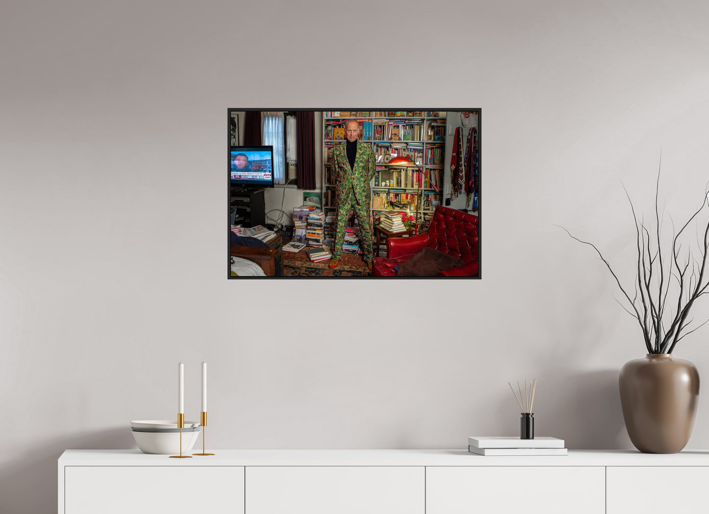 30 x 20″, Black Matte Frame, No Border Director John Waters in his Bedroom with TV