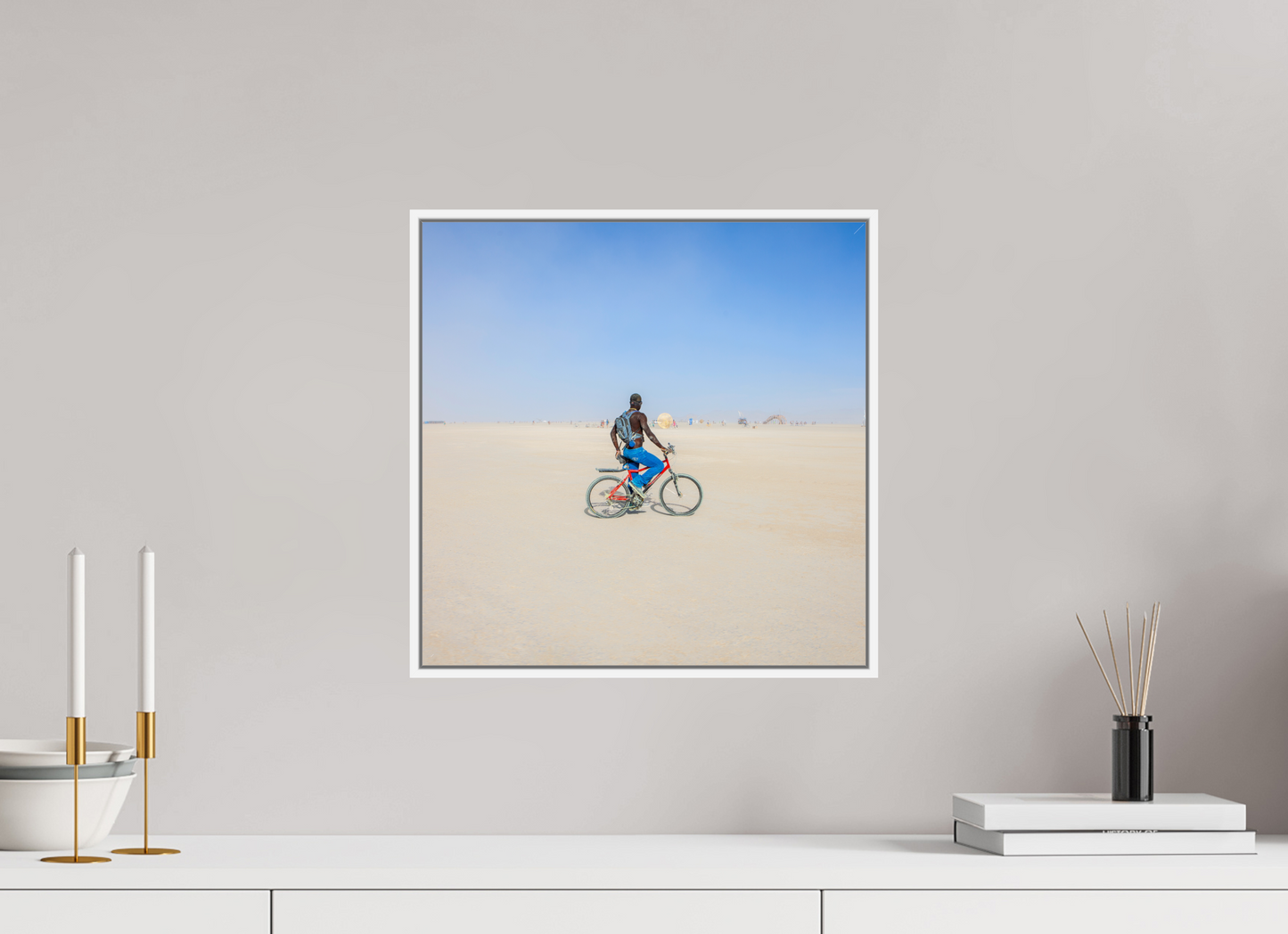 15 x 15″, White Matte Frame, No Border Burning Man - Man on Red Bike