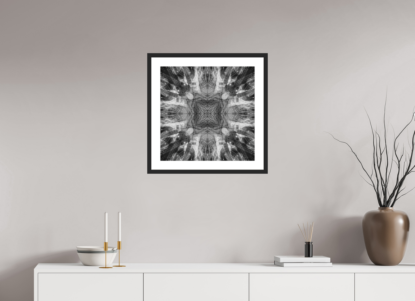 20 x 20″, Solid 0.8" Black Wood Frame With 2" Natural White Passe-Partout with Museum Glass Architectual Abstraction