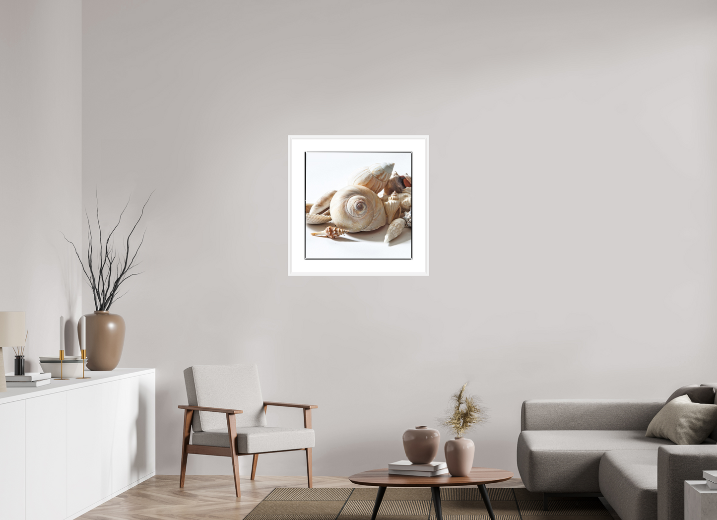 25 x 25″, Solid 0.8" White Wood Frame With 3" Natural White Passe-Partout with Museum Glass Sea Shells